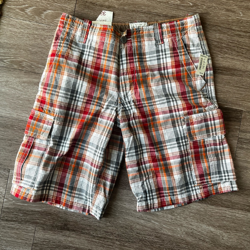 Aeropostale Mens Plaid Cargo Shorts Orange Red Grey White Size 32 NWT 7419